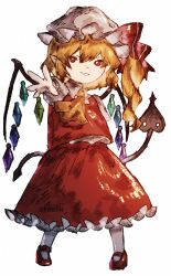 Rule 34 | 1girl, ascot, blonde hair, crystal wings, dress, flandre scarlet, hat, highres, laevatein (touhou), mob cap, oftooon, pointy ears, red dress, red eyes, red ribbon, ribbon, shoes, side ponytail, simple background, solo, touhou, white background, yellow ascot