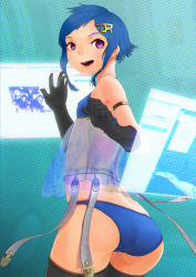 Rule 34 | 1girl, adobe photoshop, ass, blue hair, flat chest, gloves, highres, ini (ini tw), k-on!, looking back, original, photoshop-tan, purple eyes, see-through, short hair, smile, solo, thighhighs