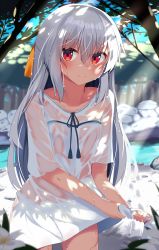 Rule 34 | 1girl, blue ribbon, blurry, blush, closed mouth, collarbone, cowboy shot, dappled sunlight, day, depth of field, dress, dripping, flat chest, highres, looking at viewer, moe2018, no bra, original, outdoors, red eyes, ribbon, river, rock, ryu narb, see-through, shore, short sleeves, silver hair, smile, solo, standing, sunlight, tareme, tree, under tree, water, wet, wet clothes, wet dress, white dress, wringing, wringing clothes, wringing dress