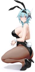 Rule 34 | 1girl, absurdres, animal ears, arind yudha, ass, bare shoulders, black hairband, black leotard, blue hair, blush, bow, bowtie, breasts, detached collar, eula (genshin impact), fake animal ears, fake tail, genshin impact, hair between eyes, hairband, high heels, highres, large breasts, leotard, looking at viewer, pantyhose, playboy bunny, purple eyes, rabbit ears, rabbit tail, smile, solo, squatting, strapless, strapless leotard, tail, thighs, wrist cuffs, yellow eyes