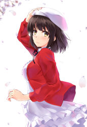 Rule 34 | 1girl, arm up, black hair, black ribbon, blush, breasts, brown eyes, buttons, cardigan, dress, falling petals, from side, hand on headwear, hat, highres, jacket, katou megumi, layered dress, long sleeves, looking at viewer, looking to the side, medium breasts, mizuki (mizuki ame), neck ribbon, petals, ribbon, saenai heroine no sodatekata, short hair, smile, solo, white dress, white hat