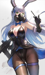 Rule 34 | 1girl, animal ears, assault rifle, bow, bowtie, breasts, cleavage, collarbone, commentary request, controller, elbow gloves, fake animal ears, feet out of frame, fishnet pantyhose, fishnets, gas mask, girls&#039; frontline, gloves, green eyes, gun, h&amp;k hk416, himonoata, hk416 (girls&#039; frontline), large breasts, leotard, long hair, looking at viewer, mask, pantyhose, playboy bunny, rabbit ears, remote control, respirator, rifle, silver hair, skindentation, solo, teardrop tattoo, thigh strap, thighs, very long hair, weapon