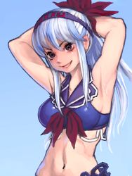 Rule 34 | 1girl, adapted costume, armpits, arms behind head, arms up, bare shoulders, bikini, blue background, blue bikini, blue hairband, breasts, brown eyes, commentary request, envenomist (gengoroumaru), grin, hair between eyes, hair ribbon, hairband, head tilt, kamishirasawa keine, large breasts, long hair, navel, no headwear, one-hour drawing challenge, red ribbon, ribbon, sidelocks, silver hair, simple background, smile, solo, stomach, swimsuit, touhou, upper body