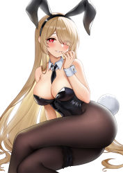 Rule 34 | 1girl, animal ears, ass, bare shoulders, between breasts, blush, breasts, brown pantyhose, cleavage, crossed legs, detached collar, eyes visible through hair, fake animal ears, fukuro daizi, hair over one eye, hairband, hand to own mouth, highres, honkai (series), honkai impact 3rd, large breasts, leotard, light brown hair, long hair, mole, mole under eye, necktie, necktie between breasts, pantyhose, parted lips, playboy bunny, rabbit ears, rabbit tail, red eyes, rita rossweisse, simple background, sitting, smile, solo, tail, very long hair, white background, wrist cuffs