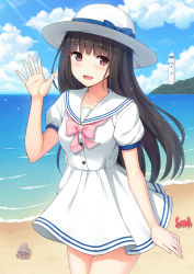 Rule 34 | 1girl, :d, black hair, blue bow, blue sky, bow, brown eyes, cloud, cloudy sky, collarbone, commentary request, cowboy shot, crab, day, dress, fingernails, hand up, hat, hat bow, lighthouse, long hair, looking at viewer, nakamura sumikage, ocean, open mouth, original, outdoors, pink bow, puffy short sleeves, puffy sleeves, sailor collar, sailor dress, short sleeves, sky, smile, solo, very long hair, white dress, white hat, white sailor collar
