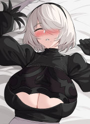 Rule 34 | 1girl, arms up, blush, breasts, cleavage cutout, closed eyes, clothing cutout, hair between eyes, hella p, highres, huge breasts, lying, nier:automata, nier (series), on back, on bed, solo, swept bangs, upper body, white hair, 2b (nier:automata)