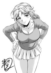Rule 34 | 1girl, black eyes, breasts, cleavage, collar, curly hair, greyscale, hair ribbon, highres, large breasts, long hair, looking at viewer, monochrome, original, ribbon, shirt, simple background, skirt, smile, solo, taki reki, white background