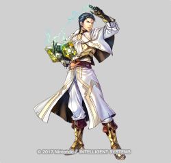 Rule 34 | 1boy, alternate costume, arm up, armor, armored boots, ascot, belt, black hair, book, boots, capelet, closed mouth, electricity, english text, fire emblem, fire emblem: thracia 776, fire emblem heroes, gloves, grey background, holding, holding book, long sleeves, magic, male focus, nintendo, open book, reinhardt (fire emblem), simple background, solo, source request, takaya tomohide
