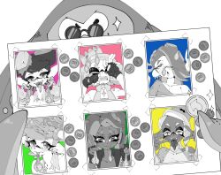 +_+ 1boy 6+girls ahegao big_man_(splatoon) blush boom_(pixiv_17287082) callie_(splatoon) cephalopod_eyes chest_sarashi coin condom condom_in_mouth condom_on_head crown crying dark-skinned_female dark_skin detached_collar double_v earrings fingerless_gloves food food_on_head frye_(splatoon) gloves hair_over_one_eye hand_on_own_head hands_on_own_face headphones highres holding holding_board holding_condom inkling jewelry long_hair marie_(splatoon) marina_(splatoon) mole mole_under_eye mole_under_mouth mouth_hold multicolored_hair multiple_earrings multiple_girls nintendo object_on_head octoling open_mouth pearl_(splatoon) photo_(object) pointy_ears sarashi shawl shirt shiver_(splatoon) simple_background smile splatoon_(series) splatoon_1 splatoon_2 splatoon_3 suction_cups sunglasses tape tentacle_hair tongue tongue_out tooth_earrings used_condom v white_background