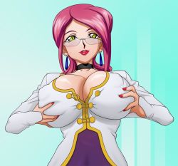 Rule 34 | 00s, 1girl, aoi kiriko, grabbing another&#039;s breast, breasts squeezed together, breasts, choker, cleavage, cleavage cutout, clothing cutout, earrings, glasses, grabbing, highres, huge breasts, jewelry, jpeg artifacts, large breasts, lipstick, long hair, makeup, mature female, nail polish, red hair, shinkon gattai godannar!!, solo, sweatdrop, ta152 (graf zeppelin), yellow eyes