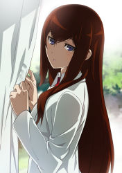 Rule 34 | 1girl, blue eyes, blurry, blurry background, brown hair, curtains, from side, hair between eyes, highres, lab coat, long hair, long sleeves, looking at viewer, makise kurisu, necktie, ny0r0ny0r0, open mouth, red necktie, solo, steins;gate, straight hair, very long hair