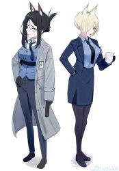 Rule 34 | 2girls, alternate hairstyle, annoyed, black gloves, black hair, black necktie, black pants, black pantyhose, blonde hair, blue archive, blue footwear, blue jacket, blue shirt, blue skirt, breasts, character request, coat, collared shirt, commentary request, cup, full body, gloves, grey coat, grey eyes, gun, hair over one eye, hand in pocket, hand on own hip, handgun, high heels, highres, holding, holding cup, holding gun, holding weapon, jacket, kanna (blue archive), large breasts, long coat, long sleeves, looking at viewer, loose hair strand, mouth hold, multiple girls, necktie, one eye covered, open clothes, open coat, open jacket, open mouth, pants, pantyhose, pencil skirt, prototype design, shiosai 73, shirt, shirt tucked in, short hair, sidelocks, simple background, skirt, stalk in mouth, standing, tie clip, twitter username, weapon, white background, yellow eyes