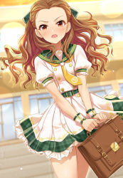 Rule 34 | 1girl, angry, belt, blush, bow, briefcase, brown eyes, brown hair, building, buttons, day, double-breasted, forehead, frilled skirt, frills, green bow, hair bow, highres, idolmaster, idolmaster cinderella girls, idolmaster cinderella girls starlight stage, long hair, looking at viewer, mk (mod0), open mouth, outdoors, plaid, plaid skirt, pleated skirt, puffy sleeves, red eyes, sailor collar, school briefcase, school uniform, seki hiromi, serafuku, short sleeves, skirt, solo, walking, wavy hair, wrist cuffs