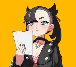 Rule 34 | 1girl, asymmetrical bangs, black choker, black hair, black jacket, black nails, blush, breasts, choker, cleavage, closed mouth, commentary, creatures (company), dress, drunkoak, earrings, game freak, green eyes, hair ribbon, hand up, holding, holding paper, jacket, jewelry, marnie (pokemon), medium breasts, nail polish, nintendo, nose bubble, open clothes, open jacket, paper, pink dress, pokemon, pokemon swsh, red ribbon, ribbon, solo, yellow background