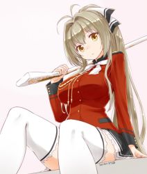 Rule 34 | 10s, 1girl, 2014, amagi brilliant park, antenna hair, breasts, brown hair, dated, gun, hair intakes, hair ribbon, huge breasts, long hair, looking at viewer, nagian, over shoulder, pink background, ponytail, ribbon, rifle, sento isuzu, signature, sitting, skirt, solo, thighhighs, very long hair, weapon, weapon over shoulder, white thighhighs, yellow eyes