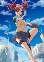 Rule 34 | 1girl, angry, bag, black skirt, blue sky, blush, bow, breasts, broken glass, brown sweater vest, collared shirt, commentary request, day, fighting stance, floating hair, foot out of frame, glass, hair bow, hand up, highres, holding, holding bag, kisara keyy, knee up, looking at viewer, medium hair, miniskirt, open mouth, outdoors, parted bangs, pleated skirt, red bow, red eyes, school bag, school uniform, serious, shirai kuroko, shirt, short sleeves, skirt, sky, small breasts, solo, standing, standing on one leg, sweater vest, teeth, thigh strap, toaru kagaku no railgun, toaru majutsu no index, tokiwadai school uniform, twintails, upper teeth only, v-shaped eyebrows, white shirt
