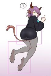 Rule 34 | 1girl, anger vein, animal ears, arknights, ass, back, bingbingzi, cow ears, cow girl, cow horns, cow tail, grey pantyhose, horns, looking at viewer, middle finger, pantyhose, pencil skirt, purple hair, sideroca (arknights), skirt, solo, spoken anger vein, tail
