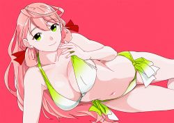 Rule 34 | 1girl, akashi (kancolle), bikini, breasts, cleavage, collarbone, commentary request, cowboy shot, film grain, front-tie top, gradient bikini, green eyes, hair ribbon, kantai collection, large breasts, long hair, looking at viewer, lying, navel, ojipon, on side, pink background, pink hair, ribbon, side-tie bikini bottom, simple background, smile, solo, swimsuit, tress ribbon, white bikini