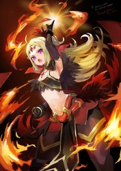 Rule 34 | 1girl, absurdres, ahoge, arm up, armpits, belt, black gloves, black pantyhose, breasts, cape, circlet, clenched hand, commentary request, commission, cowboy shot, crop top, elbow gloves, feather trim, fire, fire emblem, fire emblem awakening, fire emblem heroes, floating hair, gloves, gold trim, green hair, highres, index finger raised, long hair, looking at viewer, midriff, muff (omochilab), multiple belts, navel, nintendo, nowi (fire emblem), official alternate costume, open mouth, pantyhose, parted bangs, pelvic curtain, pointy ears, ponytail, purple eyes, red belt, sidelocks, skeb commission, small breasts, solo, standing, teeth, thank you, upper teeth only