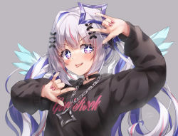 Rule 34 | + +, 1girl, :p, absurdres, amane kanata, angel wings, arm up, black hoodie, blue eyes, blue hair, blush, breasts, chain, chain necklace, choker, colored inner hair, double m/, drawstring, grey background, grey hair, hair ornament, halo, hand up, highres, hololive, hood, hoodie, jewelry, long hair, looking at viewer, m/, multicolored hair, necklace, o-ring, o-ring choker, pink hair, simple background, solo, star halo, streaked hair, tongue, tongue out, upper body, very long hair, virtual youtuber, wings, x hair ornament, yukikawa sara