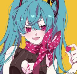 Rule 34 | 1girl, blush, bow, bowtie, breasts, cleavage, cleavage cutout, clothing cutout, eiku, hair between eyes, hatsune miku, heart, heart-shaped pupils, heart cutout, heart print, highres, holding, holding heart, long hair, looking at viewer, open mouth, pink eyes, shirt, simple background, sleeveless, sleeveless shirt, smile, solo, striped clothes, striped shirt, symbol-shaped pupils, twintails, twitter username, upper body, vertical-striped clothes, vertical-striped shirt, vocaloid, yellow background