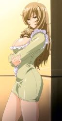 Rule 34 | 00s, absurdres, against wall, arimiya misora, breast hold, breasts, brown eyes, brown hair, cleavage, crossed arms, curly hair, dress, drill hair, frills, full body, highres, huge breasts, impossible clothes, jokei kazoku, leaning, long hair, minidress, miniskirt, screencap, shiny skin, short dress, skirt, standing, taut clothes, taut dress, the immorals, tight clothes