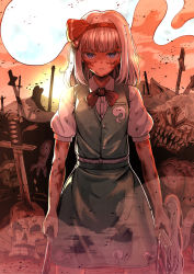 Rule 34 | 1girl, absurdres, blood, blood on clothes, blood on face, blood on hands, bloody weapon, blouse, blue eyes, breasts, brown hairband, brown ribbon, buttons, closed mouth, cloud, cloudy sky, collared shirt, ddok, frills, ghost, ghost print, gradient sky, green skirt, green vest, grey hair, grey shirt, hairband, highres, hitodama, hitodama print, katana, konpaku youmu, konpaku youmu (ghost), light, looking to the side, medium breasts, orange sky, pink sky, pocket, puffy short sleeves, puffy sleeves, ribbon, shadow, shirt, short hair, short sleeves, skirt, skull, sky, solo, standing, sun, sunlight, sunset, sword, touhou, vest, weapon