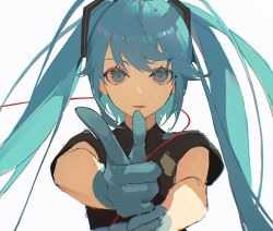 Rule 34 | 1girl, chongzhen 085, finger gun, gloves, hatsune miku, highres, index finger raised, long hair, looking at viewer, parted lips, pointing, pointing at viewer, simple background, solo, twintails, upper body, white background