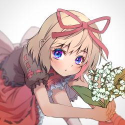 Rule 34 | 1girl, :/, blonde hair, blue eyes, blurry, blurry background, blurry foreground, depth of field, feet out of frame, flower, from above, hair ribbon, holding, holding flower, knees to chest, lily of the valley, looking at viewer, medicine melancholy, ribbon, shiroi karasu, sitting, touhou, white flower