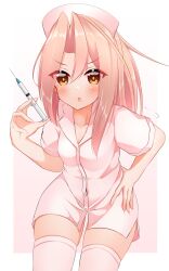 Rule 34 | absurdres, breasts, brown eyes, collarbone, hand on own hip, hat, highres, holding, holding syringe, kantai collection, long hair, nurse, nurse cap, pia (botamochinjufu), pink thighhighs, ponytail, simple background, small breasts, syringe, thighhighs, zuihou (kancolle)