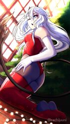 Rule 34 | 1girl, ass, breasts, christmas tree, commentary, dragon girl, dragon horns, dragon tail, elbow gloves, english commentary, fang, gloves, grey eyes, grey hair, highres, horns, leotard, long hair, looking at viewer, medium breasts, one eye closed, open mouth, rachijuuni, red leotard, red thighhighs, skin fang, strapless, strapless leotard, tail, thighhighs, tree, vei (vtuber), virtual youtuber, vshojo, white gloves, zipper, zipper pull tab