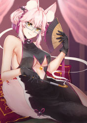 Rule 34 | 1girl, animal ears, artist request, bare shoulders, bell, black dress, black gloves, breasts, center opening, china dress, chinese clothes, closed mouth, dress, fate/grand order, fate (series), folding fan, fox ears, fox tail, glasses, gloves, hair between eyes, hand fan, highres, jingle bell, koyanskaya (chinese lostbelt outfit) (fate), koyanskaya (fate), large breasts, long hair, looking at viewer, pink hair, sidelocks, sitting, smile, smoking pipe, solo, tail, tamamo (fate), tassel, thighs, underboob, yellow eyes