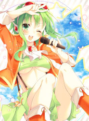 Rule 34 | 1girl, ;d, blush, breasts, goggles, green eyes, green hair, gumi, headphones, knees up, legs, looking at viewer, gumi (v3 megpoid), microphone, music, navel, one eye closed, open mouth, short hair with long locks, singing, skirt, smile, stomach, suspenders, tank top, toosaka asagi, underboob, v, vocaloid, wink