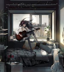 Rule 34 | 1girl, absurdres, bed, bedroom, bird, black hair, brown hair, candle, cellphone, guitar, guitar case, hairband, highres, holding, holding instrument, holding plectrum, hood, hoodie, indoors, instrument, instrument case, kukka, leaf, long hair, looking away, mouse (animal), multicolored hair, nail polish, notebook, open mouth, original, pen, phone, pillow, plant, plectrum, potted plant, rain, red nails, shelf, sitting, smartphone, solo, teeth, thighhighs, very long hair, window