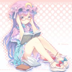 Rule 34 | 1girl, adapted costume, adjusting eyewear, alternate costume, anklet, bespectacled, book, bow, colored eyelashes, crescent, feet, female focus, glasses, hair bow, hat, highres, jewelry, looking at viewer, north abyssor, patchouli knowledge, purple eyes, purple hair, red-framed eyewear, sandals, sitting, solo, toes, touhou