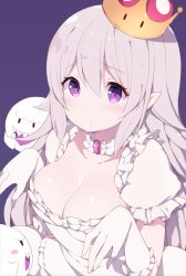 Rule 34 | 1girl, blush, boo (mario), breasts, choker, cleavage, collarbone, crown, dress, gloves, highres, large breasts, light purple hair, long hair, looking at viewer, luigi&#039;s mansion, mario (series), new super mario bros. u deluxe, nintendo, pointy ears, princess king boo, puffy short sleeves, puffy sleeves, purple background, purple eyes, short sleeves, simple background, solo, super crown, upper body, watanon (gakushokutei), white choker, white dress, white gloves