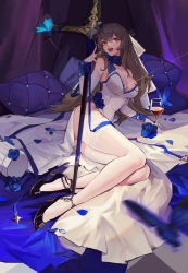 Rule 34 | 1girl, bed, black footwear, blue butterfly, blue flower, blue neckerchief, blue ribbon, breasts, bridal gauntlets, brown hair, bug, butterfly, character request, cleavage, copyright request, cup, dress, drinking glass, flower, full body, gloves, hair between eyes, high heels, highres, holding, holding staff, insect, large breasts, long hair, looking at viewer, neckerchief, ninewood, official alternate costume, open mouth, pillow, red eyes, ribbon, saint-louis (holy knight&#039;s resplendence) (azur lane), side slit, smile, solo, staff, teeth, thighhighs, upper teeth only, white dress, white gloves, white thighhighs, wine glass