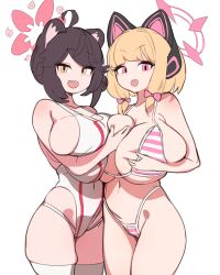 Rule 34 | 2girls, :d, absurdres, aged up, ahoge, alternate breast size, animal ears, asymmetrical docking, bare shoulders, bikini, black hair, blonde hair, blue archive, blush, breast press, breasts, brown eyes, commentary, competition swimsuit, english commentary, grabbing, grabbing own breast, gya rb, halo, highleg, highleg bikini, highres, huge breasts, kaede (blue archive), looking at viewer, micro bikini, momoi (blue archive), multiple girls, one-piece swimsuit, open mouth, simple background, skindentation, smile, string bikini, striped bikini, striped clothes, swimsuit, thighhighs, white background, white one-piece swimsuit, yellow eyes