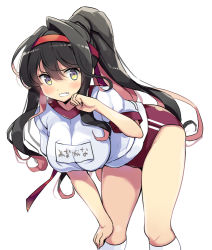 Rule 34 | 1girl, black hair, blush, breasts, breath, buruma, character name, double vertical stripe, feet out of frame, frown, grimace, gym shirt, gym uniform, hair between eyes, hand on own knee, hanging breasts, headband, kantai collection, large breasts, leaning forward, long hair, looking at viewer, naganami (kancolle), name tag, odawara hakone, pink hair, purple buruma, red headband, shirt, short sleeves, simple background, socks, solo, standing, sweat, white background, white shirt, white socks, yellow eyes