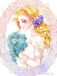 Rule 34 | 1girl, alternate costume, alternate hairstyle, bare shoulders, blonde hair, blue flower, blue rose, blush, bouquet, collarbone, commentary request, curly hair, dress, fate testarossa, flower, hair flower, hair ornament, highres, holding, holding bouquet, leonis g, long hair, looking at viewer, lyrical nanoha, mahou shoujo lyrical nanoha strikers, purple flower, purple rose, rose, smile, solo, strapless, strapless dress, upper body, wedding dress, white dress