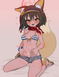 Rule 34 | 1girl, absurdres, animal ear fluff, animal ears, bikini, bikini top only, black hair, blue archive, blush, breasts, cum, cum on body, facial, fang, female focus, flower, fox ears, fox tail, hair between eyes, hat, hat flower, highres, izuna (blue archive), izuna (swimsuit) (blue archive), makeup, orange eyes, red scarf, sandals, scarf, short shorts, shorts, side ponytail, simple background, sitting, small breasts, solo, striped bikini, striped clothes, sumomo (raviklx50uc2r2d), swimsuit, tail, visor cap, yellow flower