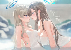 Rule 34 | 2girls, asuna (blue archive), blue archive, blue eyes, blue hair, blue halo, blue nails, blush, breasts, brown hair, commentary request, eye contact, face-to-face, halo, hand on another&#039;s waist, imminent kiss, large breasts, long hair, looking at another, medium breasts, mole, mole on breast, multicolored hair, multiple girls, nail polish, naked towel, onsen, parted lips, partially submerged, sese nagi, streaked hair, toki (blue archive), tongue, tongue out, towel, water, wet, yuri