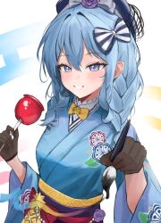 Rule 34 | 1girl, absurdres, beret, blue eyes, blue hair, blue hat, blue kimono, blush, bow, braid, brown gloves, candy, candy apple, commentary, english commentary, food, gloves, grin, hair between eyes, hair bow, hat, highres, hoangryu, holding, holding brush, holding candy, holding food, hololive, hoshimachi suisei, hoshimachi suisei (new year), japanese clothes, kimono, long hair, long sleeves, looking at viewer, obi, sash, smile, solo, twin braids, upper body, virtual youtuber, wide sleeves