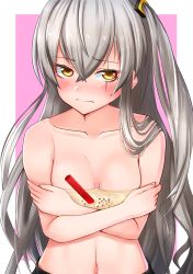 Rule 34 | 1girl, blush, breasts, bubble tea, bubble tea challenge, cleavage, clip studio paint (medium), crossed arms, crossed bangs, embarrassed, food on body, food on breasts, girls&#039; frontline, grey hair, hair between eyes, one side up, scar, scar across eye, scar on face, simple background, small breasts, solo, tks (526tks), topless, ump45 (girls&#039; frontline), yellow eyes