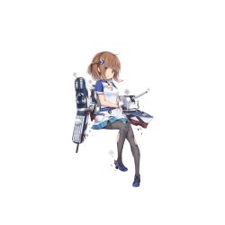 Rule 34 | 1girl, belt, black pantyhose, blue footwear, blue skirt, braid, braine (warship girls r), breasts, broken, brown eyes, brown hair, buttons, cannon, cleavage, crown braid, damaged, depth charge, depth charge projector, dress, full body, gloves, hair ornament, haluka (aixioo), looking at viewer, machinery, matching hair/eyes, miniskirt, official art, pantyhose, parted lips, pigeon-toed, pocket, rudder footwear, shoes, short sleeves, sitting, skirt, small breasts, smoke, solo, torn clothes, torn pantyhose, torpedo, transparent background, turret, warship girls r, white dress, white gloves, worried