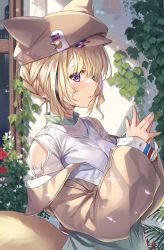 Rule 34 | 1girl, alternate hairstyle, beige jacket, blonde hair, braid, casual, commentary request, day, fox tail, from side, hat, hat with ears, highres, hololive, ivy, ks (xephyrks), long sleeves, official alternate costume, omaru polka, omaru polka (street casual), outdoors, own hands together, parted lips, puffy long sleeves, puffy sleeves, purple eyes, solo, star (symbol), star in eye, symbol in eye, tail, upper body, virtual youtuber, window