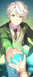 Rule 34 | 1boy, 1other, blush, bracelet, collared shirt, commentary request, gradient background, green background, green eyes, green jacket, highres, hinase midori, jacket, jewelry, looking at viewer, magic, male focus, necktie, on air!, outstretched hand, red necktie, sekina, shirt, short hair, smile, striped necktie, sweater, sweater vest, white hair, white shirt, yellow sweater