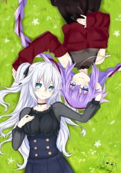 Rule 34 | aqua eyes, bare shoulders, black heart (neptunia), black shirt, black skirt, blue hair, blue skirt, breasts, casual, grass, highres, jewelry, lewdkuma, long hair, looking at viewer, medium breasts, multiple tails, necklace, neptune (series), original, purple hair, purple heart (neptunia), red shirt, self-upload, shirt, signature, skirt, smile, spleeny, symbol, symbol in eye, tail, twintails, two tails, white hair