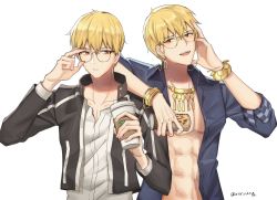 Rule 34 | 2boys, adjusting eyewear, bespectacled, blonde hair, bracelet, can, coffee cup, cup, disposable cup, dual persona, earrings, fate/grand order, fate/stay night, fate (series), gilgamesh, gilgamesh (caster) (fate), gilgamesh (establishment) (fate), gilgamesh (fate), glasses, highres, jewelry, male focus, multiple boys, necklace, official alternate costume, red eyes, simple background, uuruung, white background