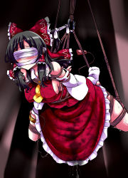 Rule 34 | 1girl, ankle socks, arms behind back, bdsm, black hair, blindfold, blush, bondage, bound, bow, breast bondage, breasts, detached sleeves, gagged, hair bow, hair tubes, hakurei reimu, highres, japanese clothes, large breasts, lilish, long hair, miko, pussy juice, rope, sex toy, socks, solo, suspension, sweat, tears, touhou, vibrator